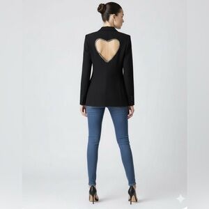 KUBILIV Black Statement Blazer with Crystal Heart Cutout Size L/XL
